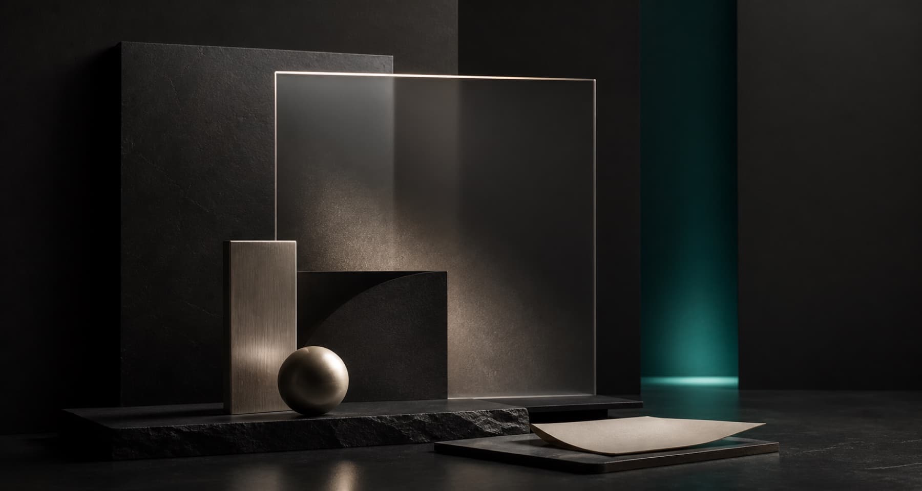 Dark architectural forms with glass and a restrained teal light